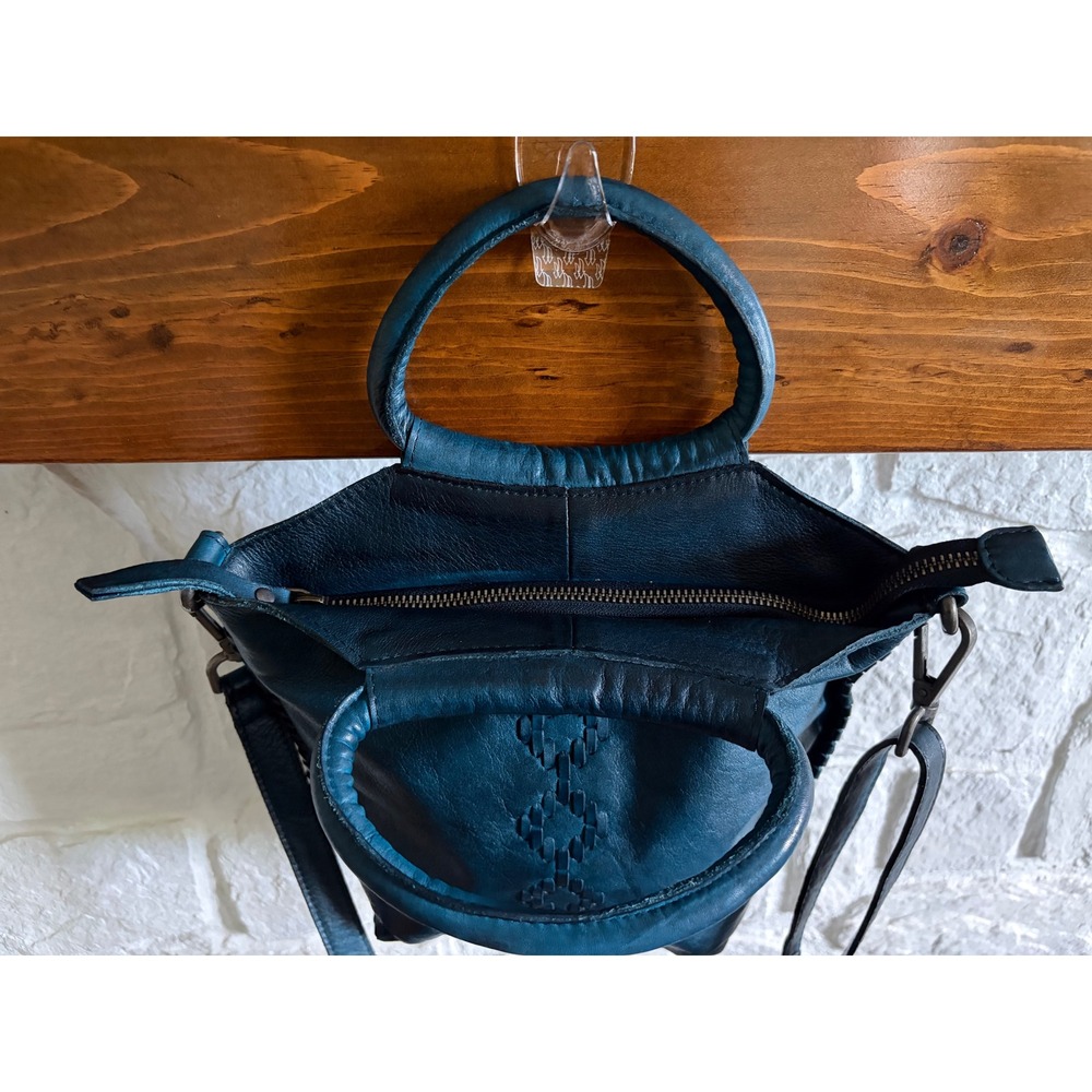 Vintage Latico Teal Leather Handbag Whipstitch Crossbody Tote Geometric Detail - Picture 9 of 17